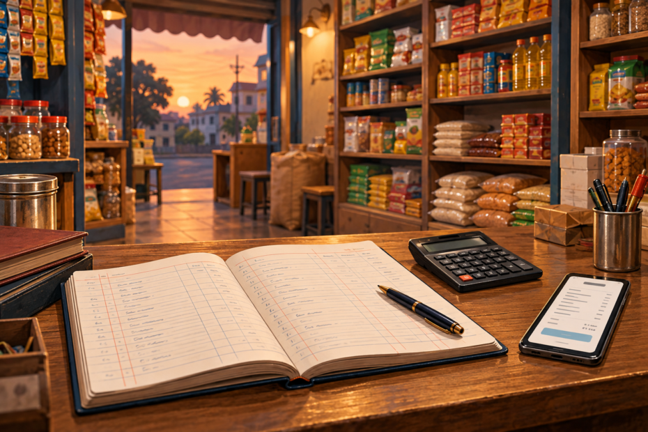 Illustration of a sales ledger, calculator and phone on an Indian shop counter
