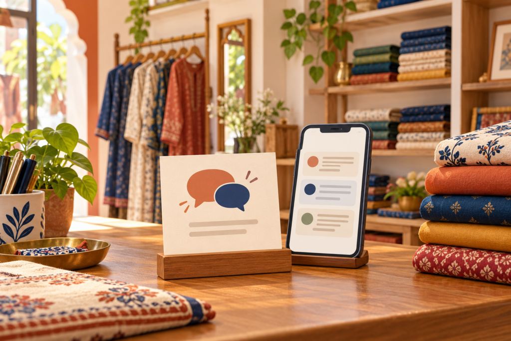 Illustration of a customer feedback card and phone on a boutique counter